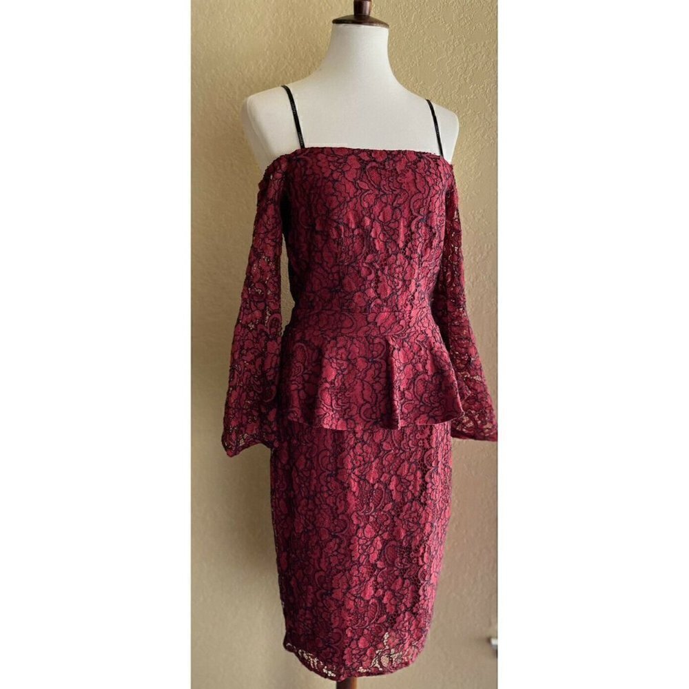 Laundry by Shelli Segal Women Red Peplum Lace Off-the-shoulder Cocktail Dress 6 - Picture 7 of 10